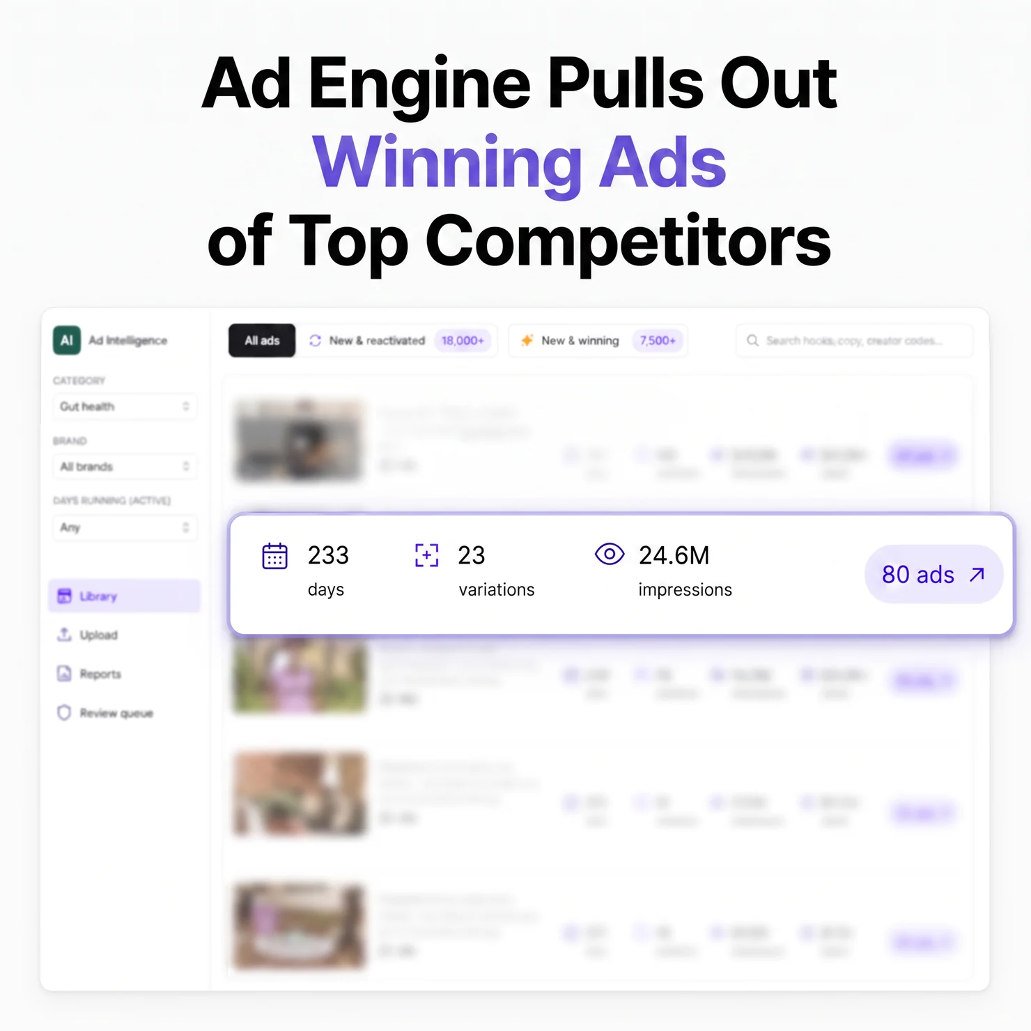 Ad Intelligence dashboard highlighting one competitor ad that has been running 233 days with 23 variations and 24.6 million impressions, showing how long-running ads reveal winners